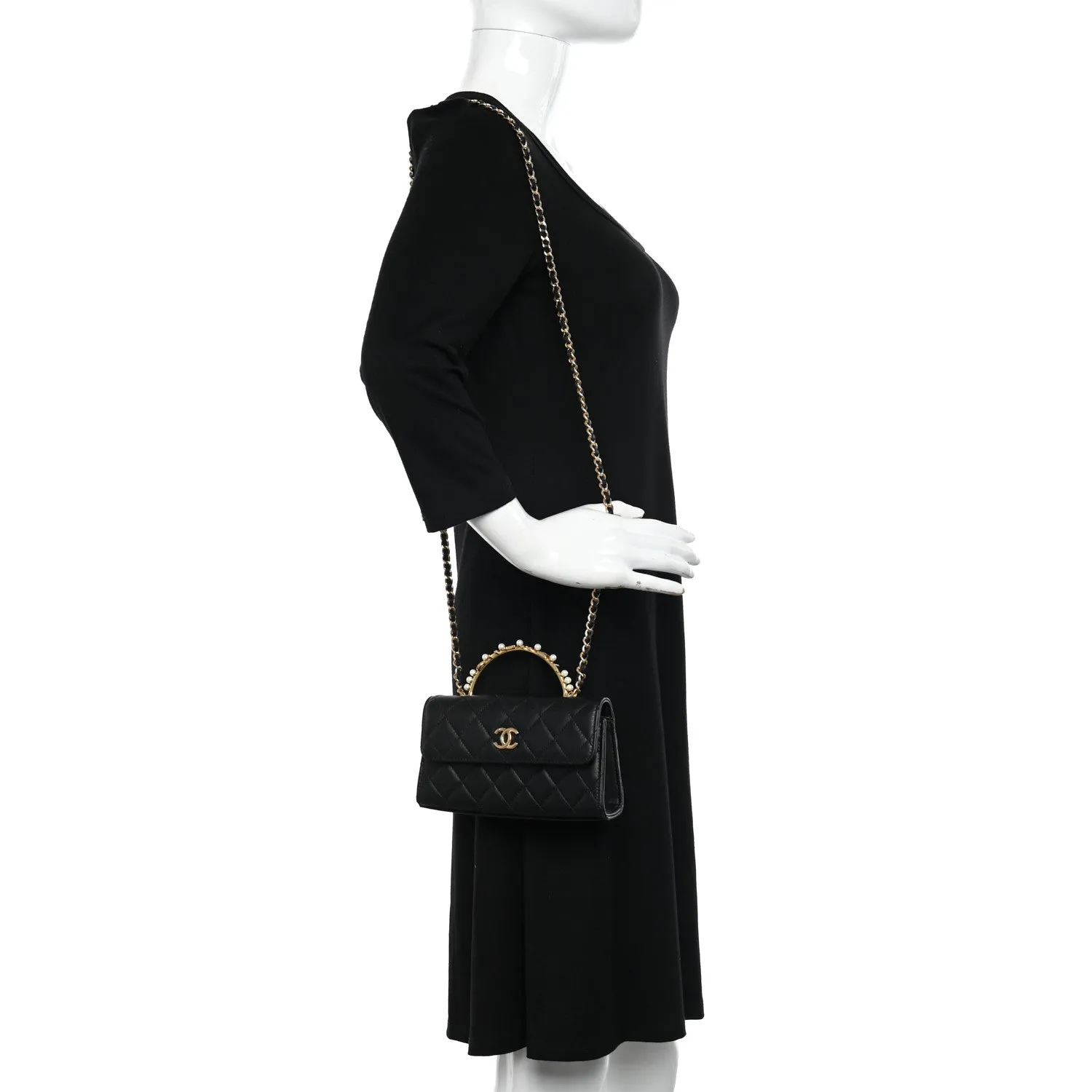 Lambskin Pearl Crystal Quilted Top Handle Flap Phone Holder With Chain Black