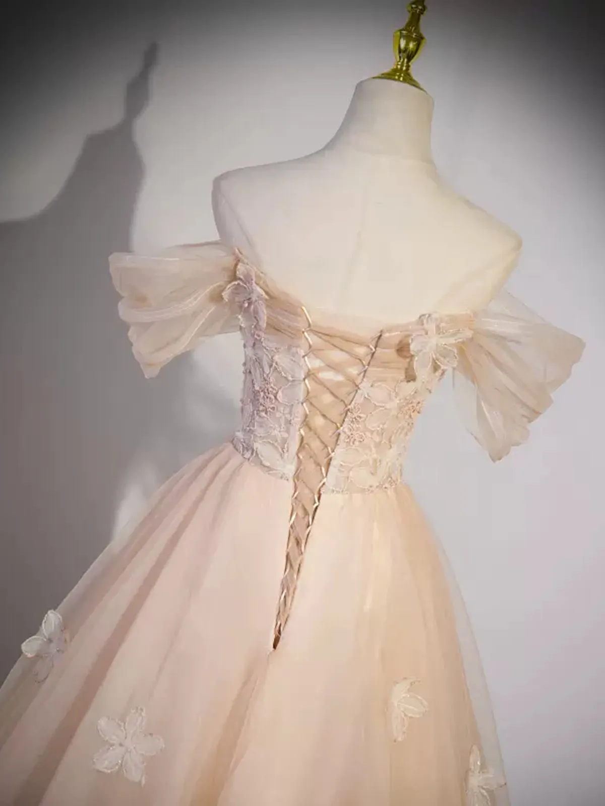 Off the Shoulder Pink Tulle Lace Prom Dresses, Pink Tulle Lace Formal Evening Dresses