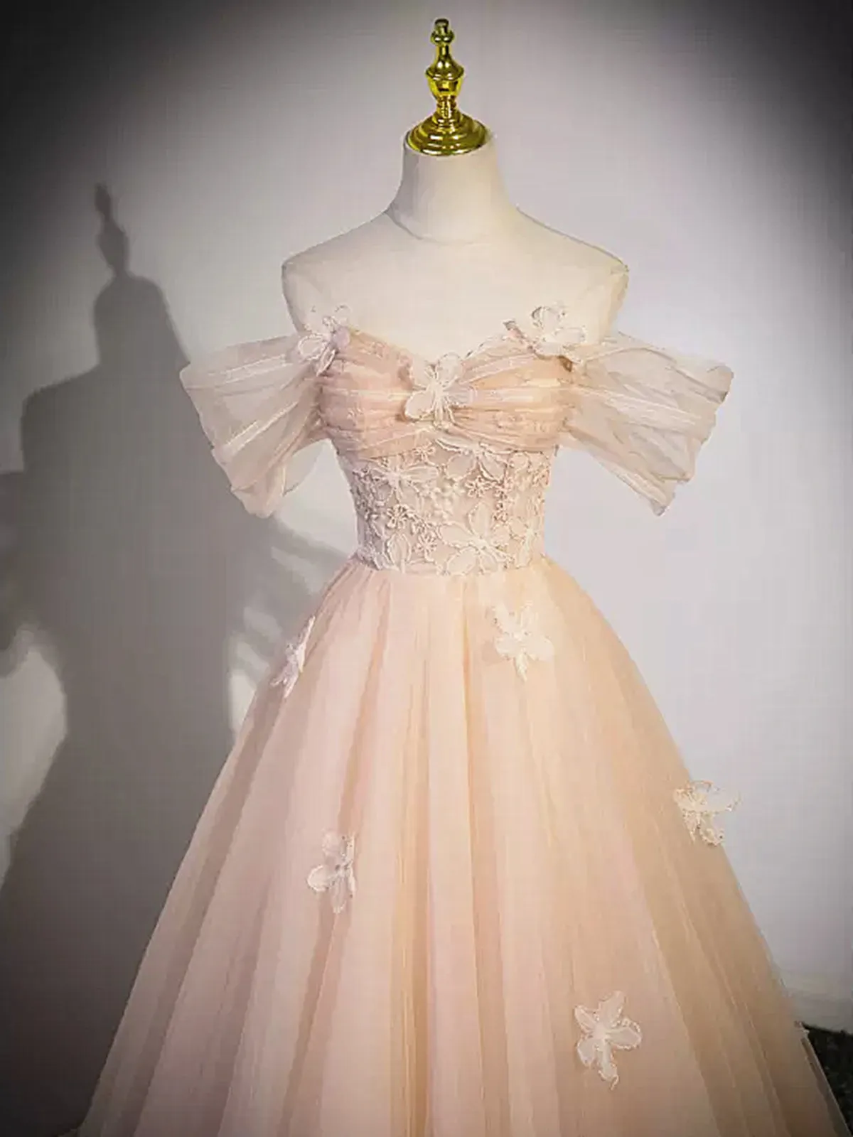 Off the Shoulder Pink Tulle Lace Prom Dresses, Pink Tulle Lace Formal Evening Dresses