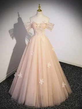 Off the Shoulder Pink Tulle Lace Prom Dresses, Pink Tulle Lace Formal Evening Dresses