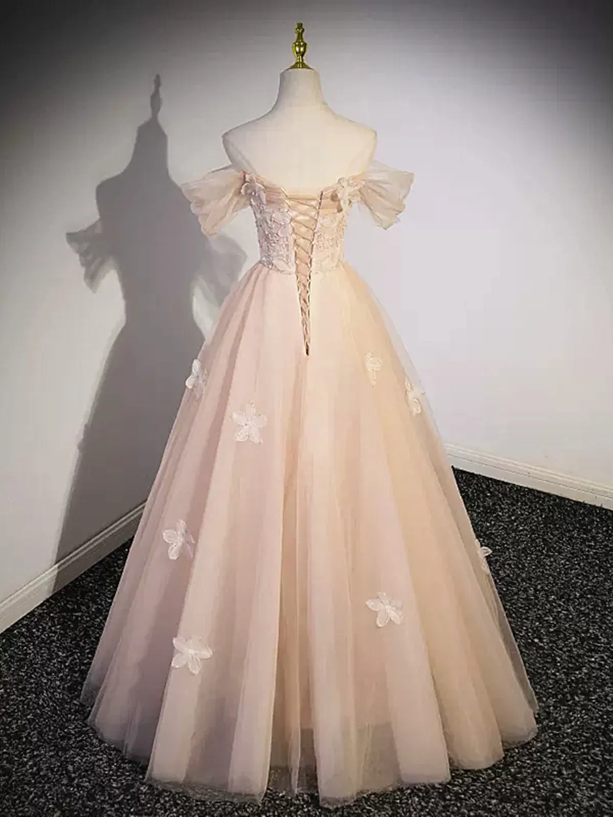 Off the Shoulder Pink Tulle Lace Prom Dresses, Pink Tulle Lace Formal Evening Dresses