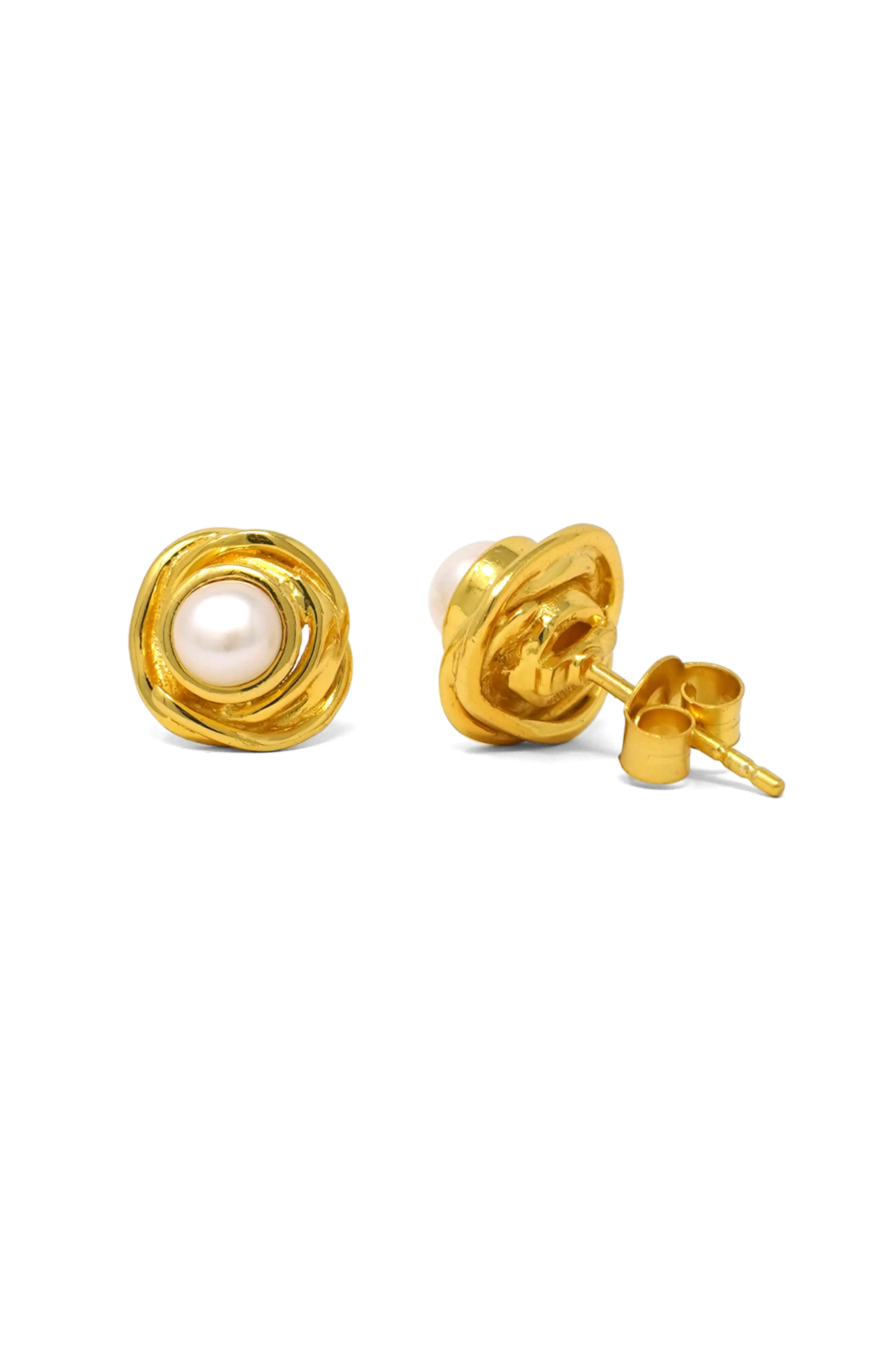 Pearl With A Flower Gold Plated Sterling Silver Statement Stud Earrings